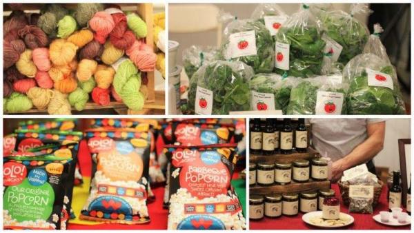 Pictures of multi-colored yarn, fresh spinach in bags, packaged popcorn, and jars of jam