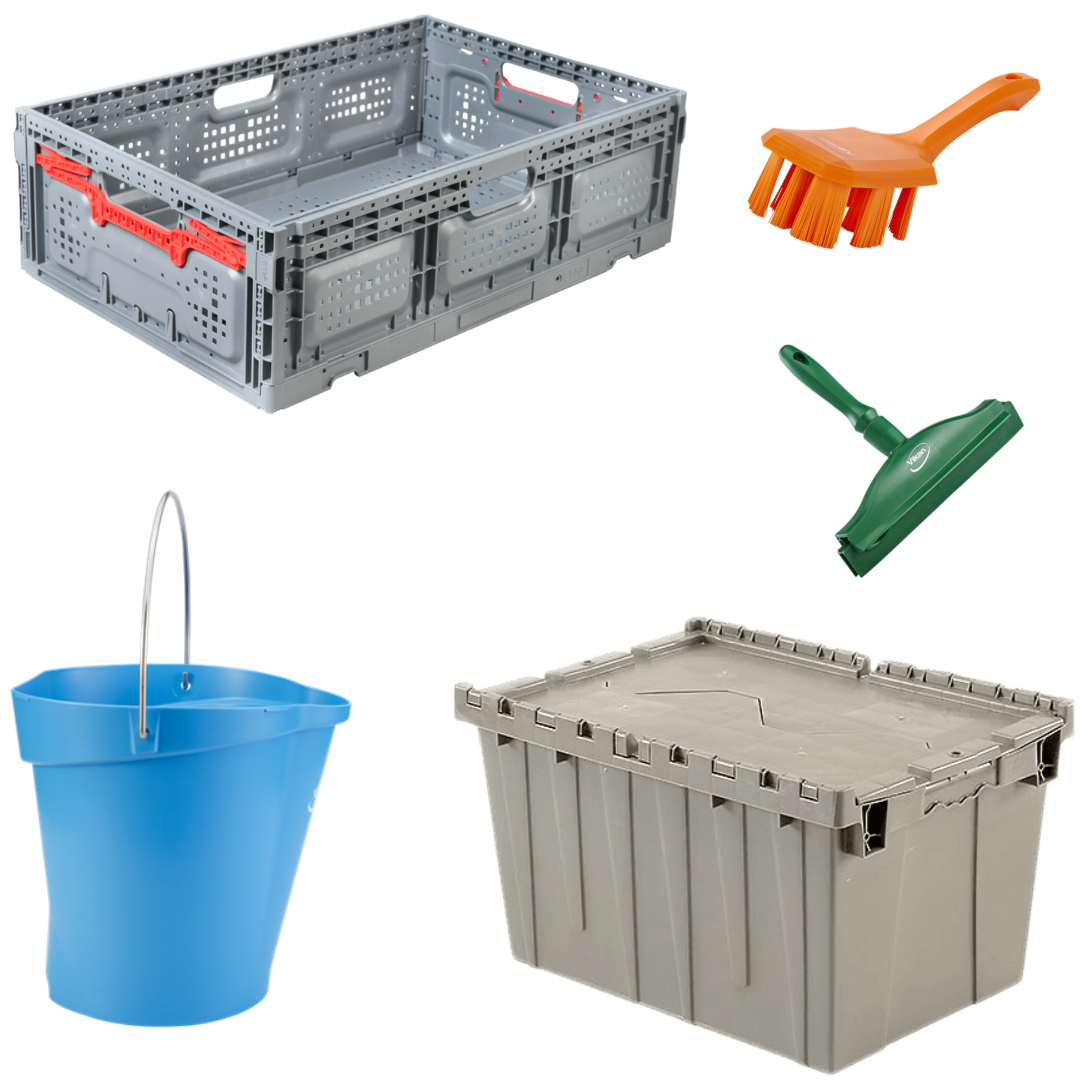 Gray plastic crate and flip-top container, orange scrub brush, green squeegee, and blue bucket against a white background