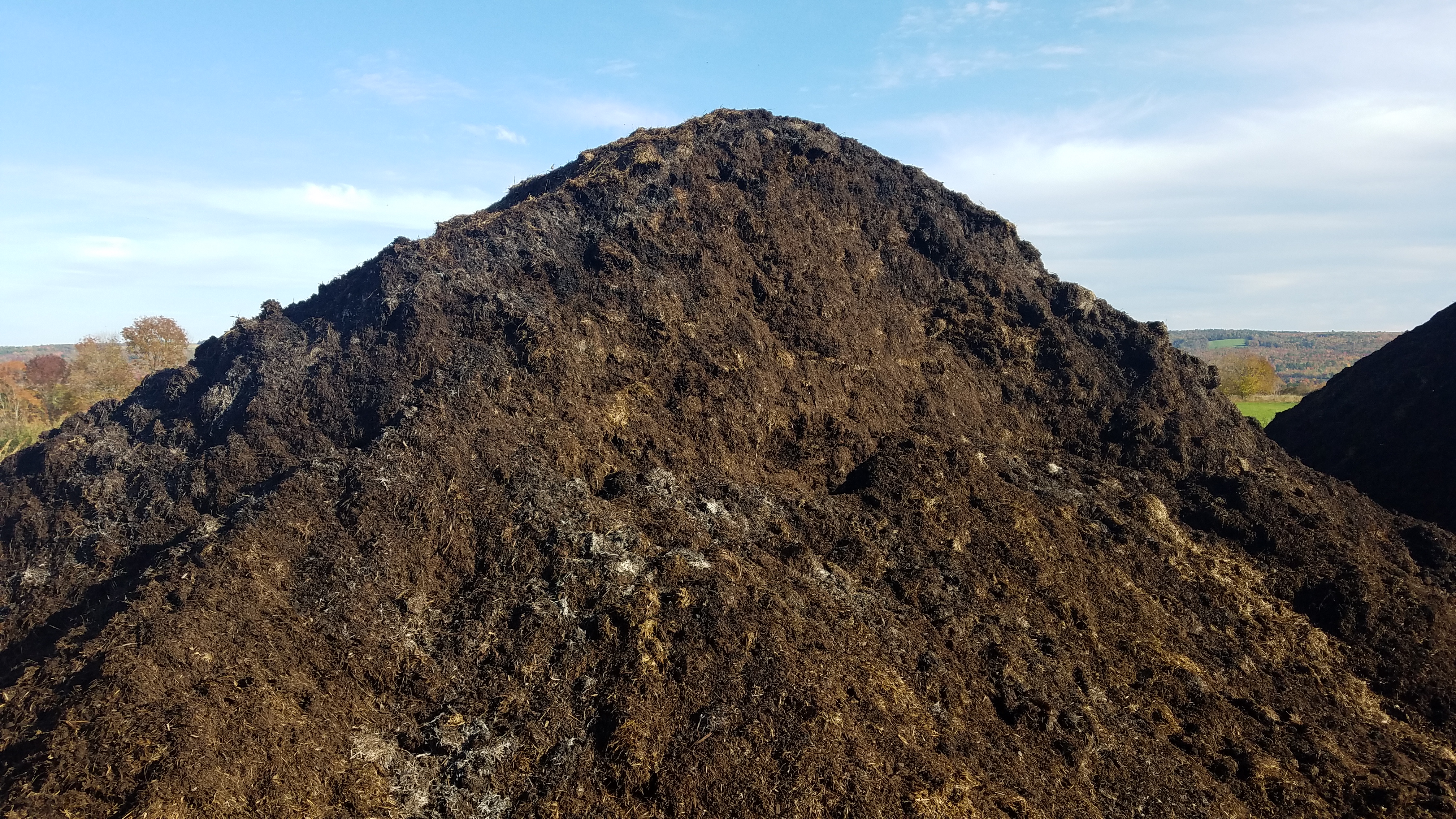 A pile of brown compost against a blue sky