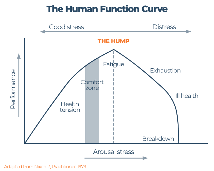 Human Function Curve Graph showing the curve from good stress to distress