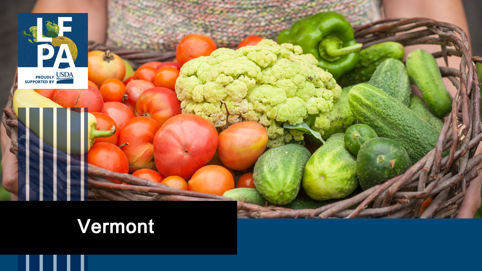Image of a basket of fresh fruits and vegetables with the USDA Local Food Purchase Assistance logo and text reading "Vermont."