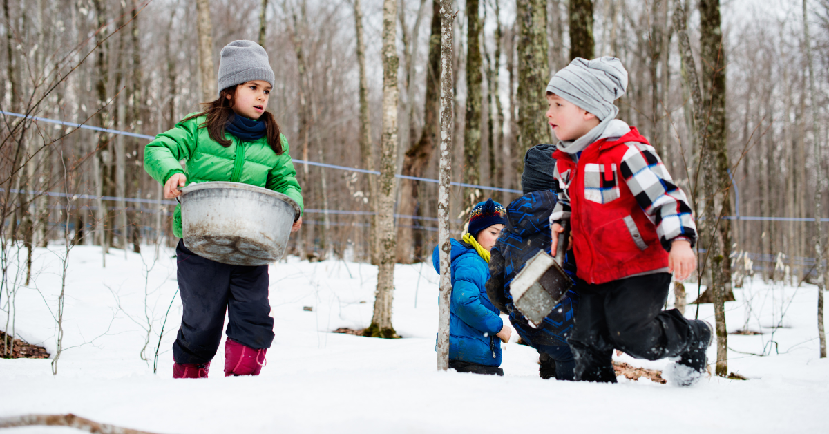 A group of children playing in a sugarbush