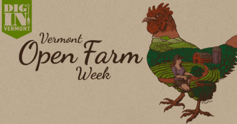A graphic that says "Open Farm Week." There is a chicken on to the right of the words with an image of a farmer inside.