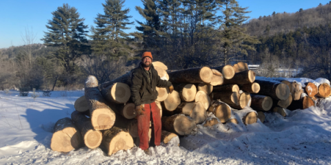 A person stands in front of a pile of logs. There is snow on the ground.