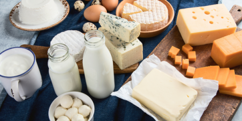 An assortment of dairy products is arranged on a table, including various cheeses (blue cheese, brie, Swiss, cheddar, and mozzarella balls), a block of butter, bottles of milk, a mug of yogurt, and some eggs.