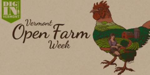 A graphic that says "Open Farm Week." There is a chicken on to the right of the words with an image of a farmer inside.