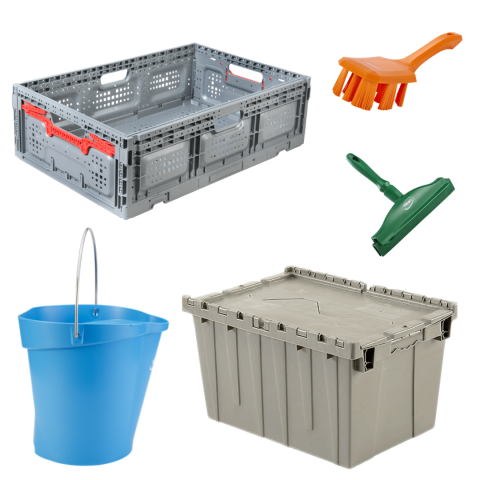 Gray plastic crate, gray plastic lidded bin, blue plastic bucket, orange brush, and green squeegee against a white background.