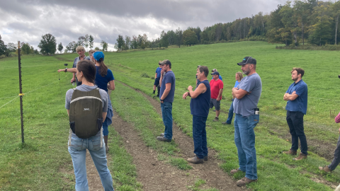Cohort dairy farmers look out over a pasture.