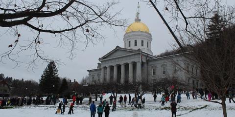 People scattered across the Vermont State House lawn, covered in snow