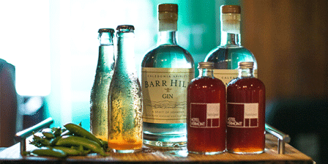 Display of alcohol bottles and mixers.