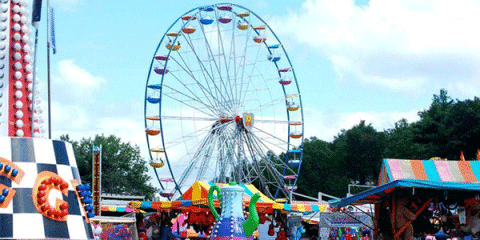a fair with a Ferris wheel