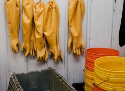 Yellow rubber gloves hanging on a white wall with orange and yellow plastic buckets and a gray plastic bin in the foreground